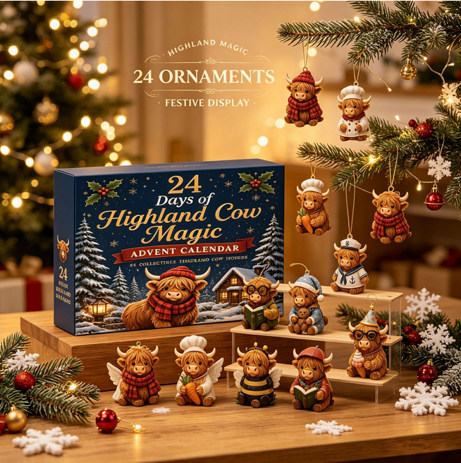 24 Tage Adventskalender mit Hochlandkühe – Weihnachts Countdown Geschenkbox mit Sammlerobjekt, festliches Spielzeugset für die Heimdekoration, ideales Geschenk für Kinder und Kühenfans