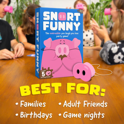 Snort Funny - Chi Ride Perde - Giochi Da Tavolo Adulti e Bambini - Con 150 Carte Sfida, 5 Musetti Di Maiale E Gettoni - Divertente Gioco Da Tavolo Per Tutta La Famiglia - Da 4-8 Giocatori - Età 8+