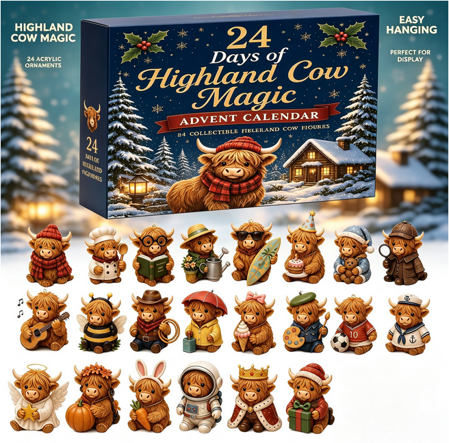 24 Tage Adventskalender mit Hochlandkühe – Weihnachts Countdown Geschenkbox mit Sammlerobjekt, festliches Spielzeugset für die Heimdekoration, ideales Geschenk für Kinder und Kühenfans