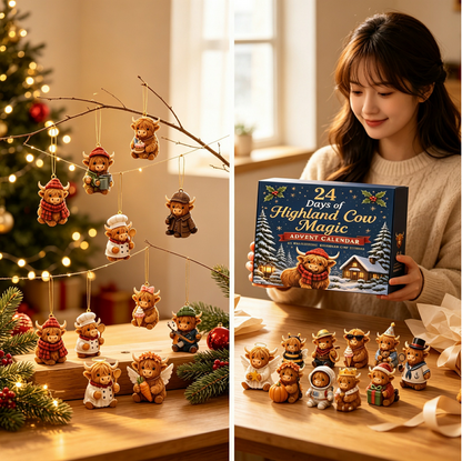 24 Tage Adventskalender mit Hochlandkühe – Weihnachts Countdown Geschenkbox mit Sammlerobjekt, festliches Spielzeugset für die Heimdekoration, ideales Geschenk für Kinder und Kühenfans