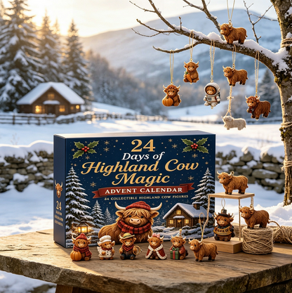 24 Tage Adventskalender mit Hochlandkühe – Weihnachts Countdown Geschenkbox mit Sammlerobjekt, festliches Spielzeugset für die Heimdekoration, ideales Geschenk für Kinder und Kühenfans