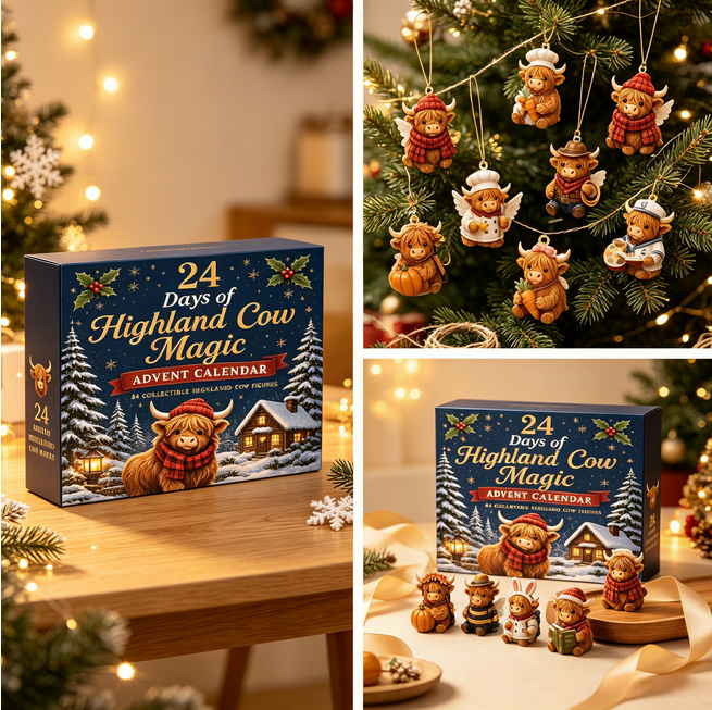 24 Tage Adventskalender mit Hochlandkühe – Weihnachts Countdown Geschenkbox mit Sammlerobjekt, festliches Spielzeugset für die Heimdekoration, ideales Geschenk für Kinder und Kühenfans