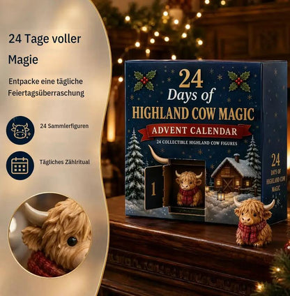 24 Tage Adventskalender mit Hochlandkühe – Weihnachts Countdown Geschenkbox mit Sammlerobjekt, festliches Spielzeugset für die Heimdekoration, ideales Geschenk für Kinder und Kühenfans